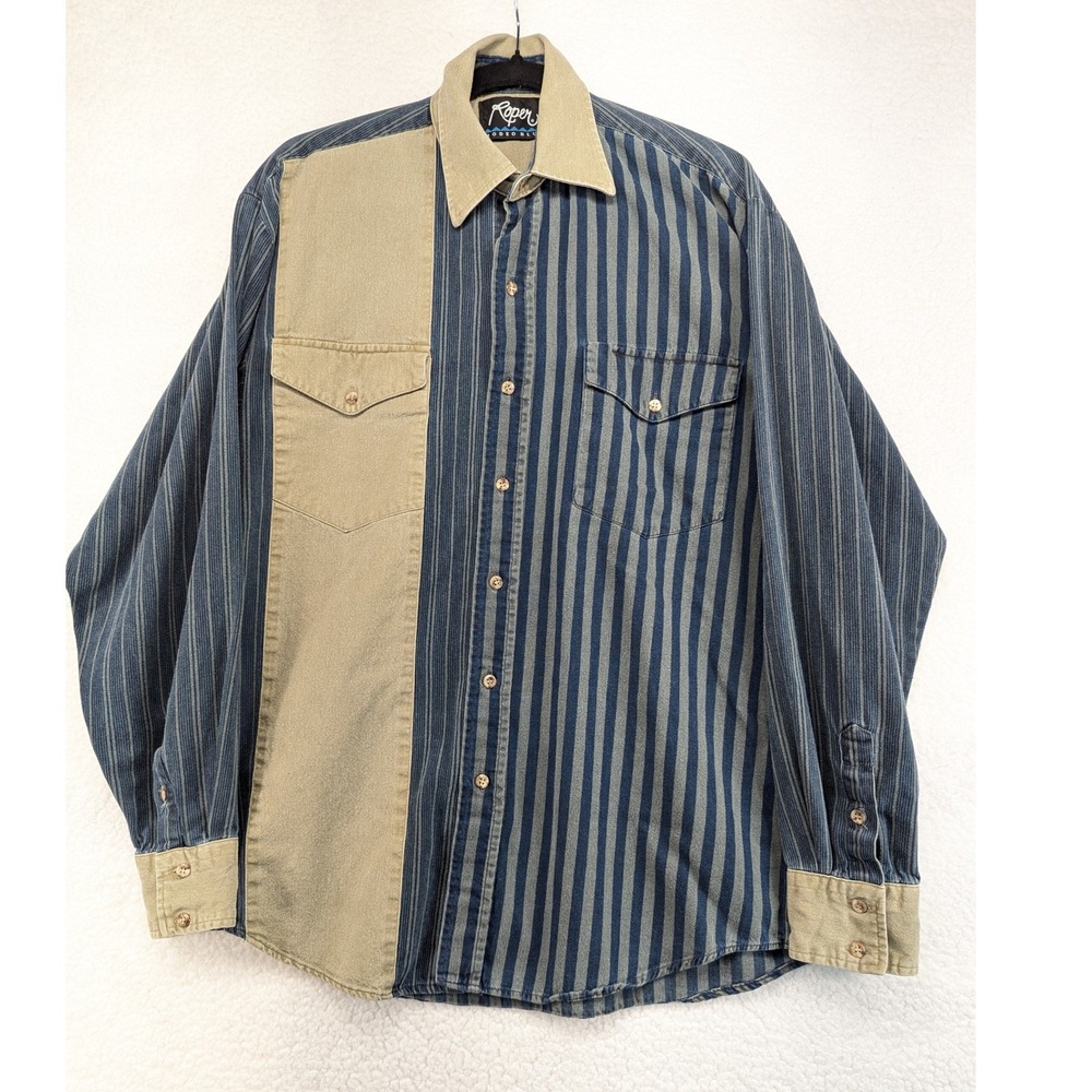 Roper Rodeo Blue Mens Western Striped Colorblock Button Down Shirt Blue Tan L